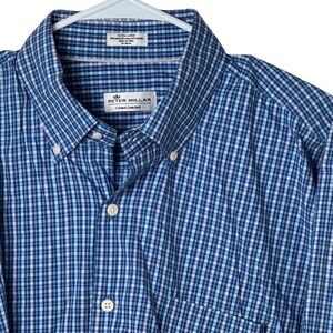 Peter Millar Button Down Men XL Blue Check Crown Comfort Stretch Long Sleeve